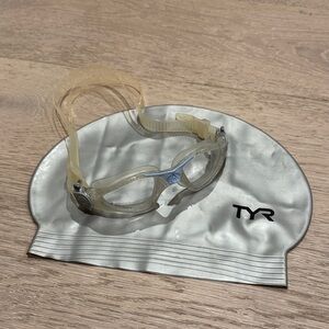 TYR Silver Swim Cap and Aqua Sphere Clear Goggles Set